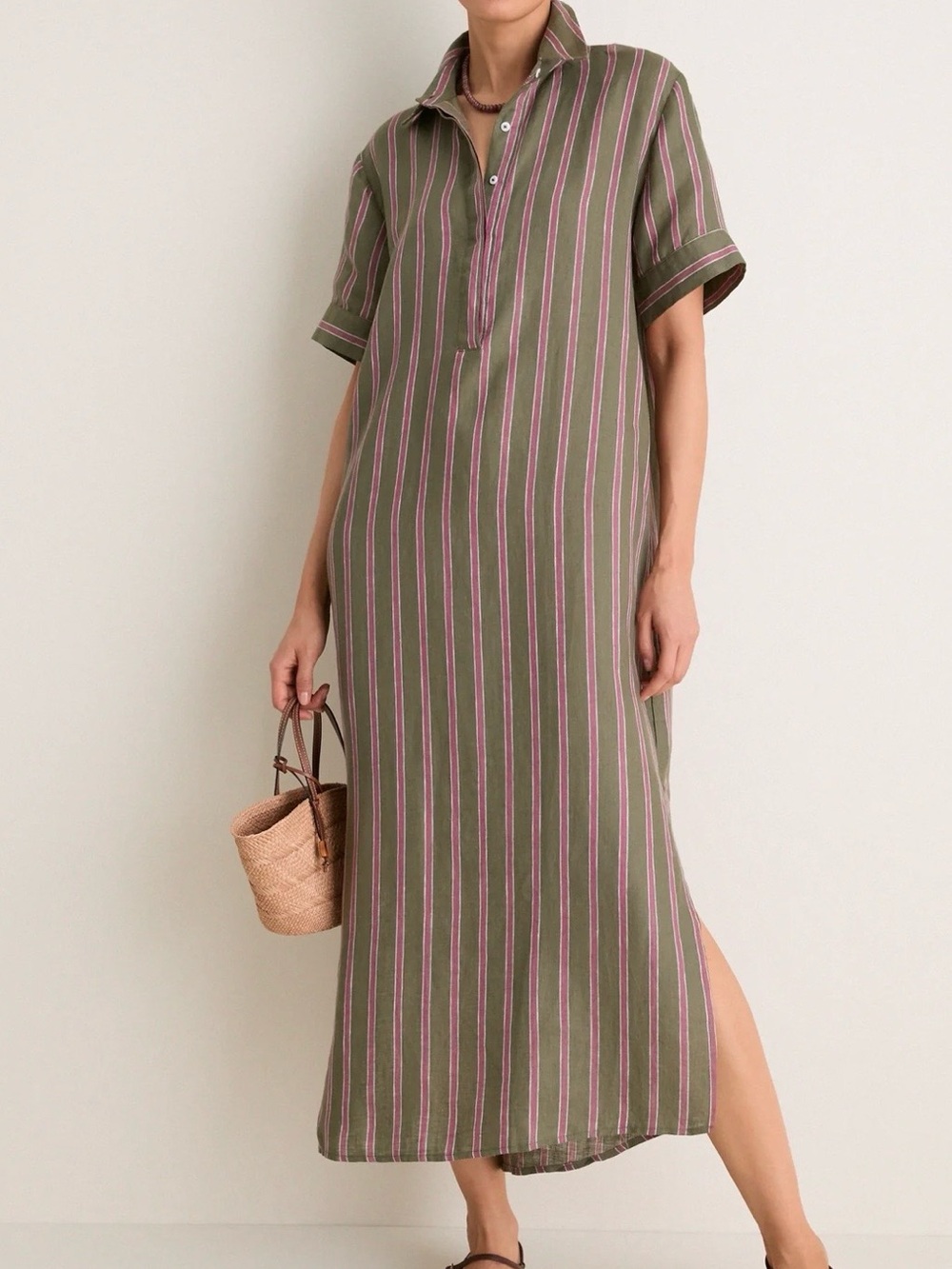 NEW Tuckernuck Olive and Raspberry Stripe Linen Milano Shirt Dress Size Small